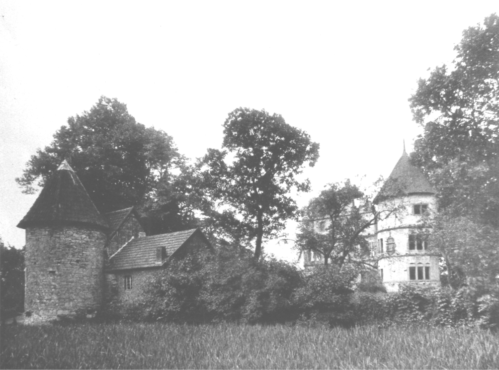 Blick auf die Hauptburg mit Herrenhaus, Torturm und Torhaus (Bau- und Kunstdenkmäler von Westfalen, Kreis Büren 1924). Im Vordergrund ist die noch zu diesem Zeitpunkt mit hohem Schilf bewachsene Gräfte zu sehen.