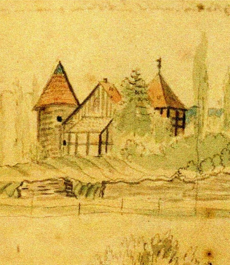 Ehemaliges Torhaus von Nordwesten betrachtet. Ausschnitt aus einer Zeichnung von Bauch (1836).